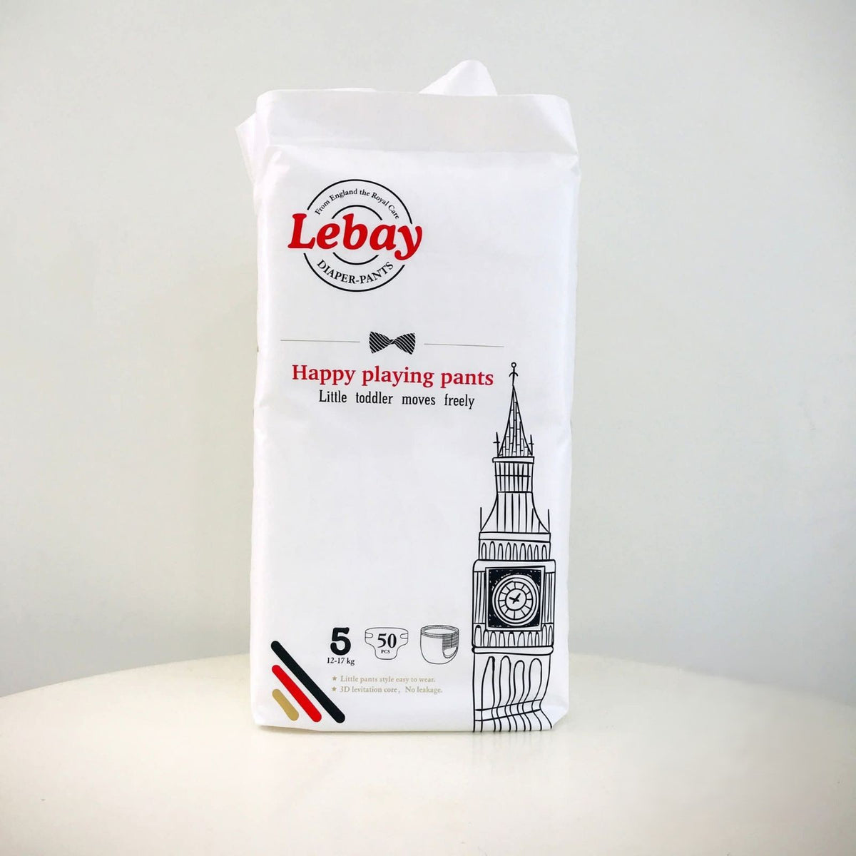 Lebay diaper pants packaging with a clock tower illustration on a white background