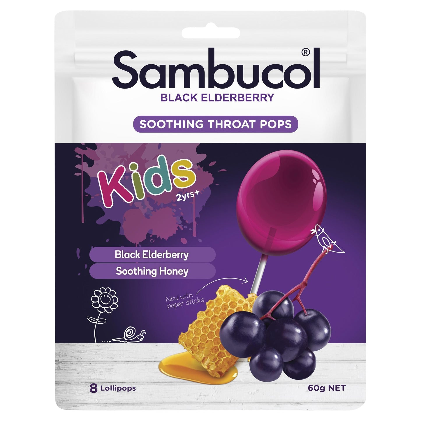 Sambucol Black Elderberry Soothing Throat Pops 8 Lollipops 2yrs+ 60g