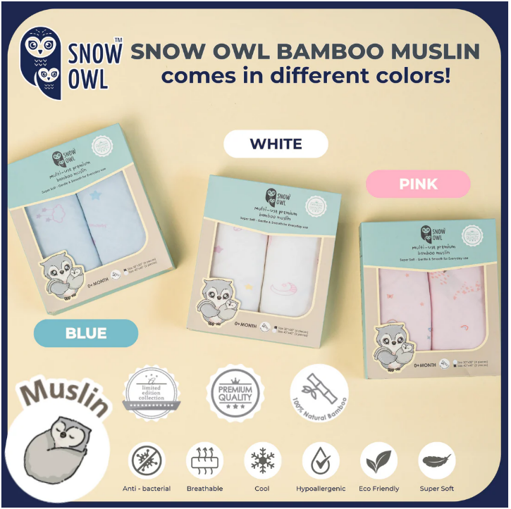 Snow Owl BAMBOO MUSLIN Swaddle 40"x40" 2Pcs