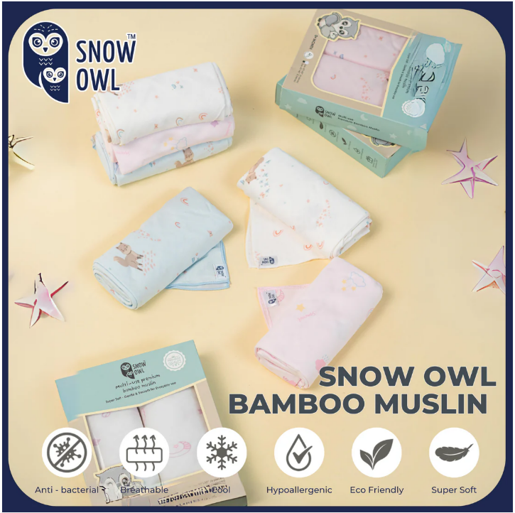 Snow Owl BAMBOO MUSLIN Swaddle 40"x40" 2Pcs