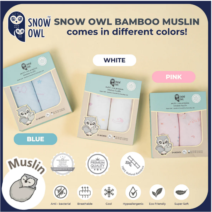 Snow Owl BAMBOO MUSLIN Swaddle 40"x40" 2Pcs