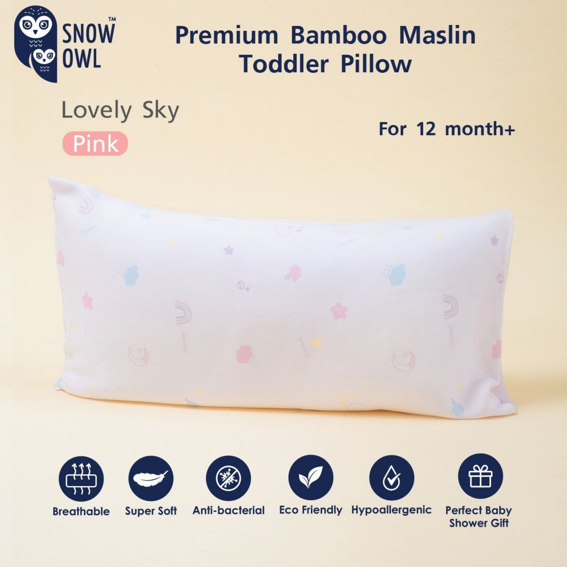 Snow Owl Premium Bamboo Muslin Toddler Pillow 12M+ Lovely Sky