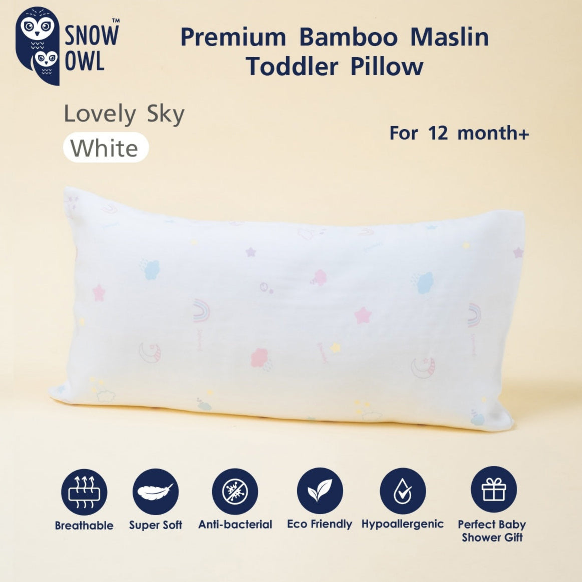 Snow Owl Premium Bamboo Muslin Toddler Pillow 12M+ Lovely Sky