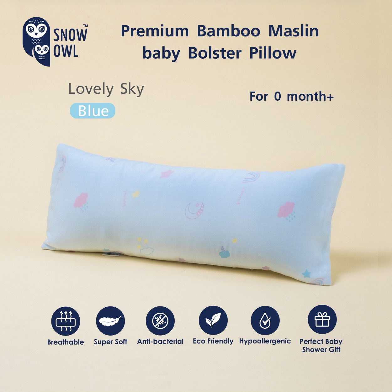 Snow Owl Premium Bamboo Muslin Baby Bolster Pillow