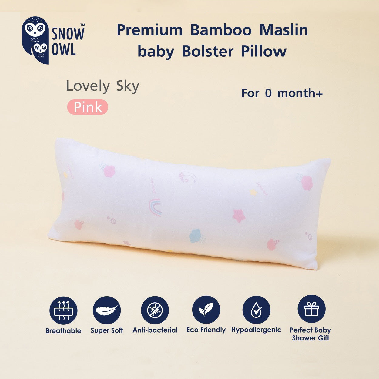 Snow Owl Premium Bamboo Muslin Baby Bolster Pillow