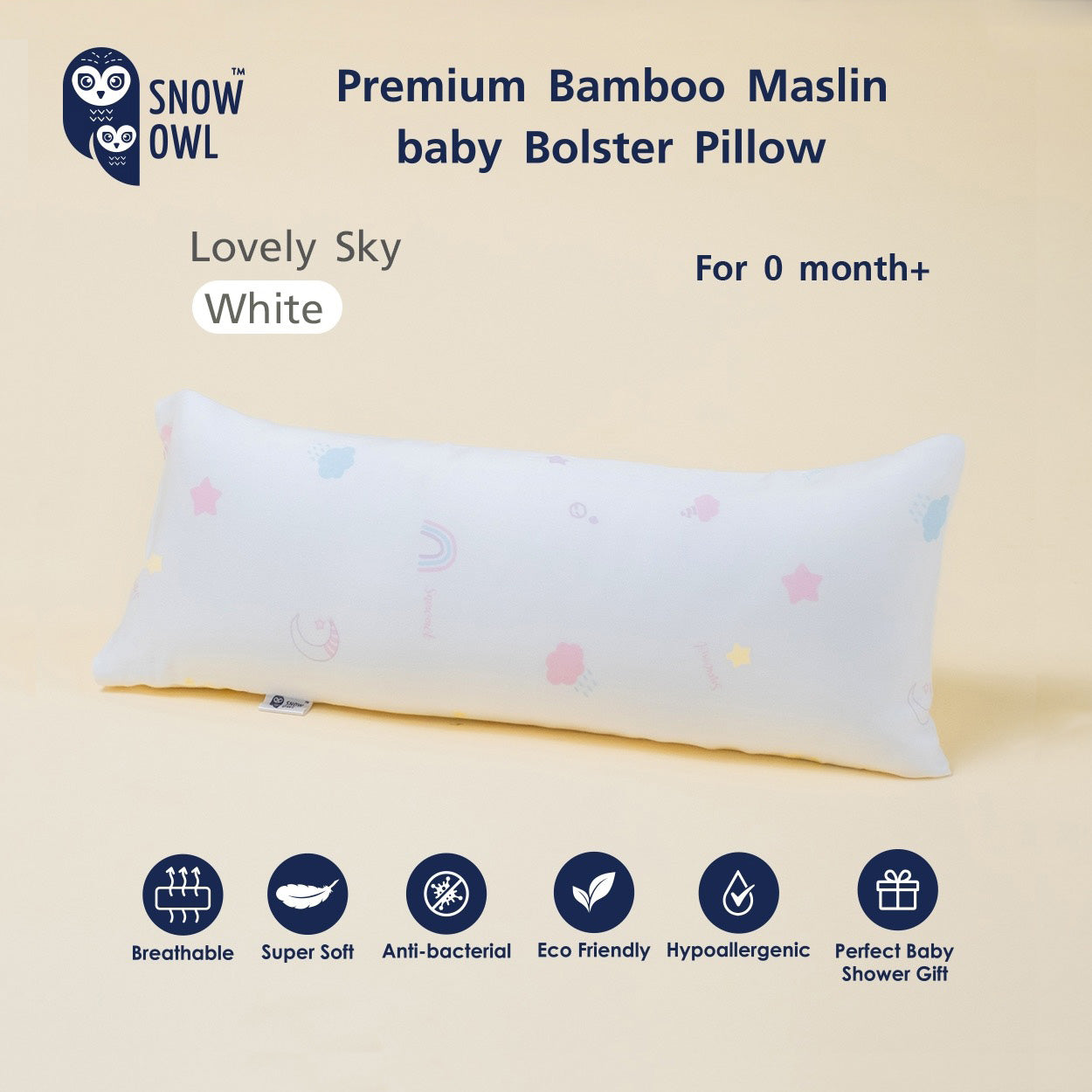 Snow Owl Premium Bamboo Muslin Baby Bolster Pillow