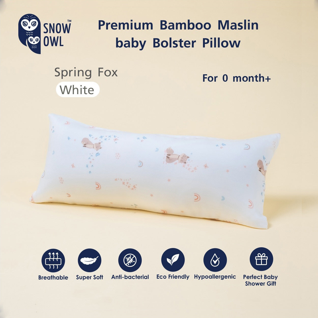 Snow Owl Premium Bamboo Muslin Baby Bolster Pillow