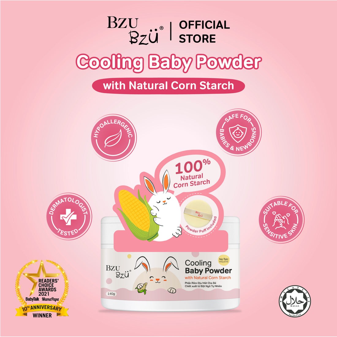 Bzu Bzu Cooling Baby Powder With Natural Corn Starch 140g