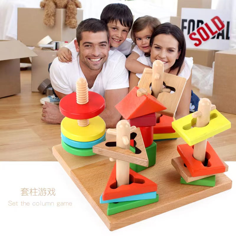 Wooden Shape & Colour Stacking Board