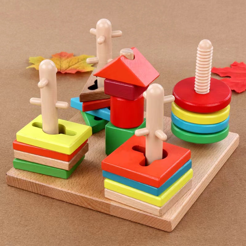 Wooden Shape & Colour Stacking Board