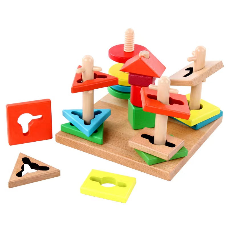 Wooden Shape & Colour Stacking Board