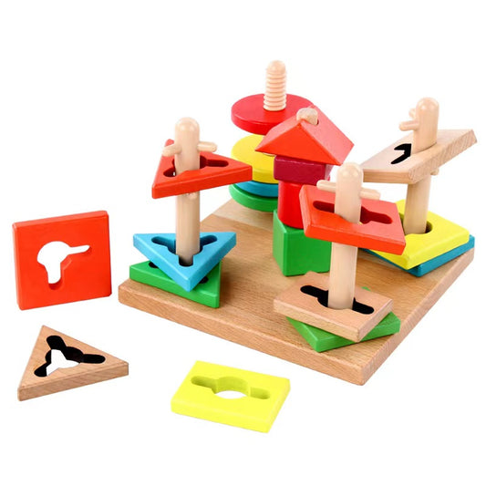 Wooden Shape & Colour Stacking Board